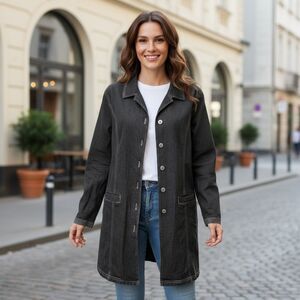 Denim & Co. Women's Trench Coat Metal Buttons Front Pockets Tie Back Large